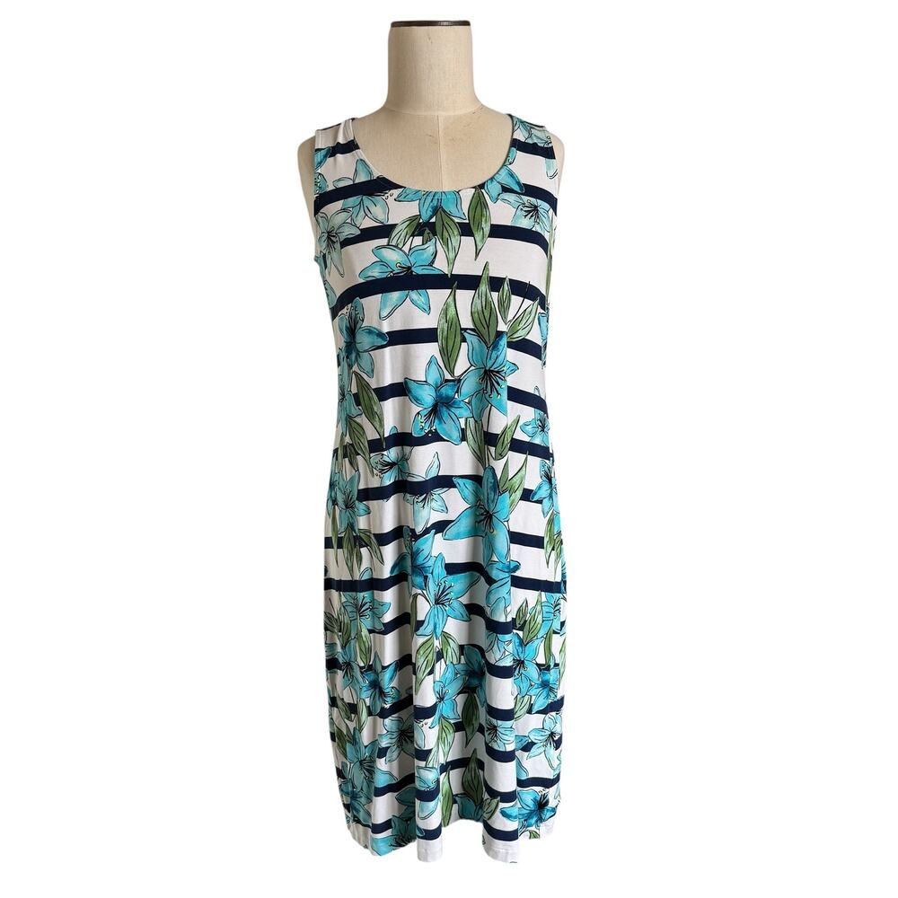 Chicos Size 0 Dress Womens Size 2 Casual Stripe T-Shirt A-Line Floral Blue White
